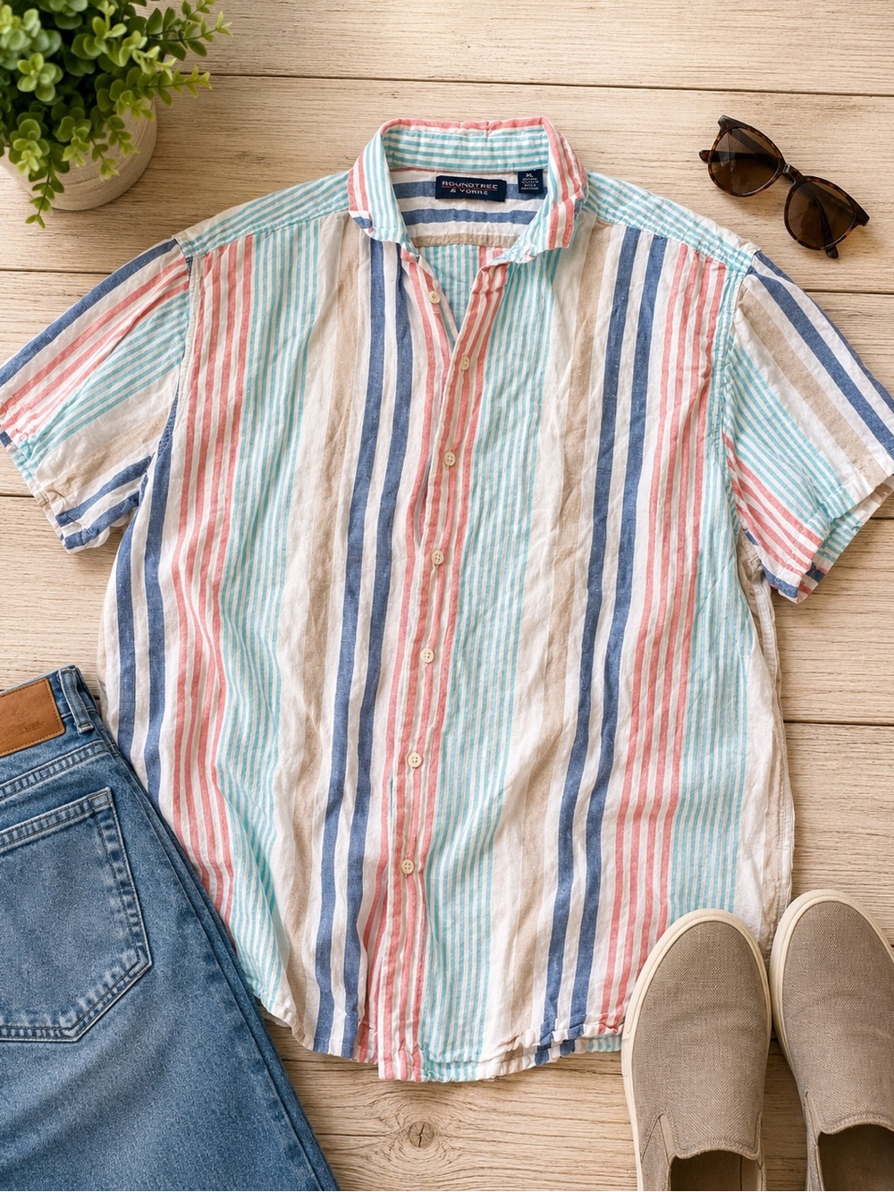 Roundtree & Yorke Men’s Linen Blend Striped Short Sleeve Shirt | Size XL